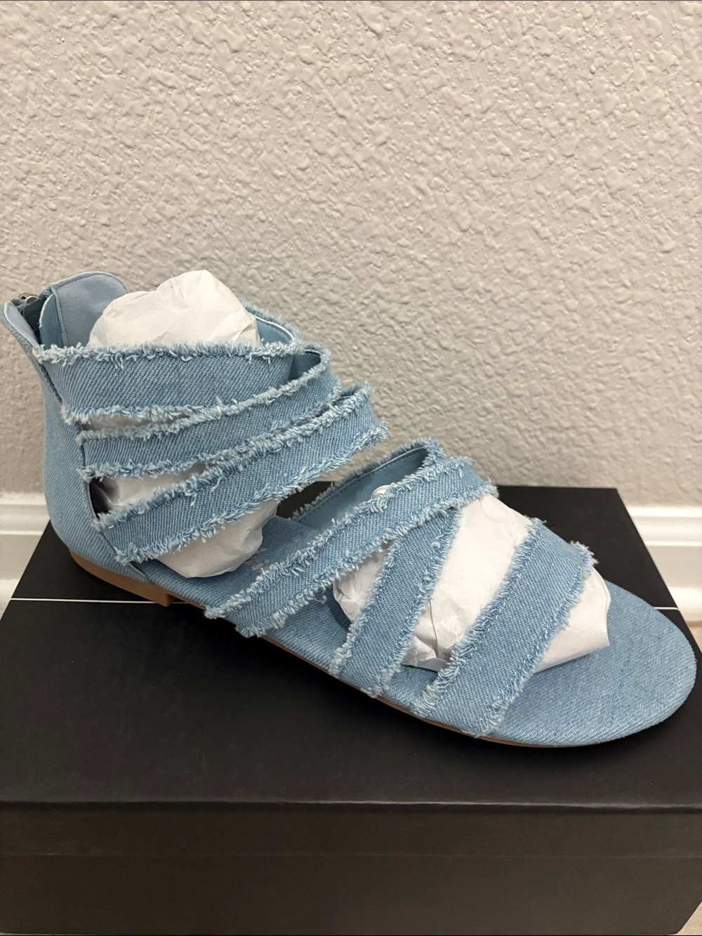 Frayed Denim Strappy Sandals